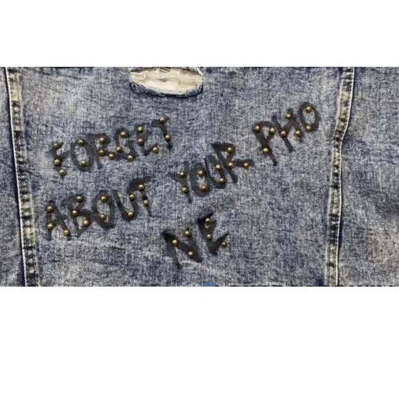 PQUCE One of a Kind Hand Painted Studded Acid Wash Denim Jacket Size M - Picture 7 of 9